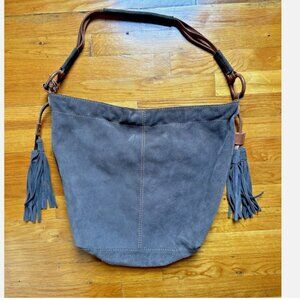 Y2K Lucky Brand Large Brown Suede Leather Hobo Bag with Tassels Cotton Interior